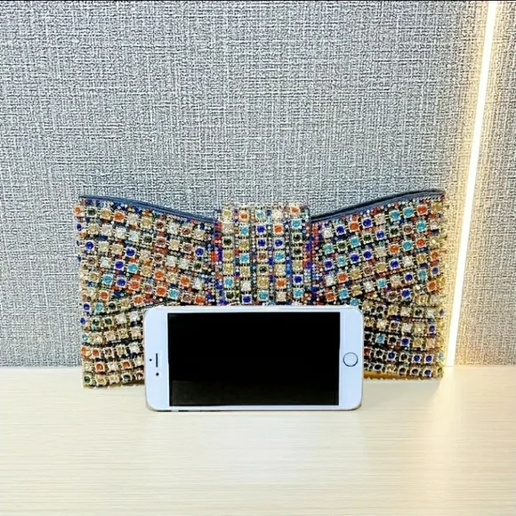 NEW! Multicolor Crystal Bow Embellished Clutch - Picture 3 of 8